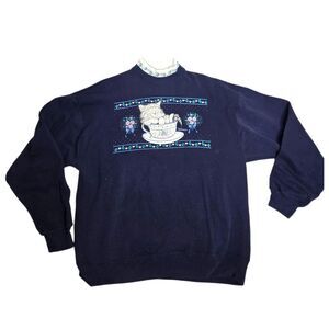 VINTAGE 90s navy blue cat teacup‎ floral Grandma sweater sweatshirt cottage XL